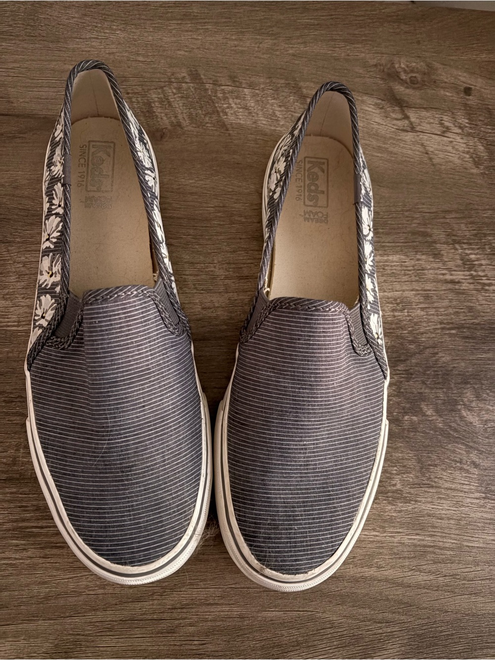 Keds Slip-On Mules in Charcoal Gray with Floral Trim